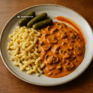 Vegane Pilz-Stroganoff-Pfanne mit Spätzle, Senf und Gewürzgurken auf einem Teller