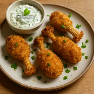 Knusprige vegane Pilz-Wings aus Enoki-Pilzen auf einem Teller mit cremigem Kräuter-Dip