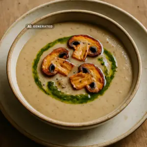 Vegane Pilzcremesuppe mit gerösteten Champignons und einem Schuss grünem Kräuteröl in einer rustikalen Schale