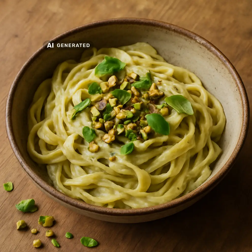 Vegane Pistazien-Alfredo-Pasta mit gehackten Pistazien und Basilikum in einer rustikalen Schüssel