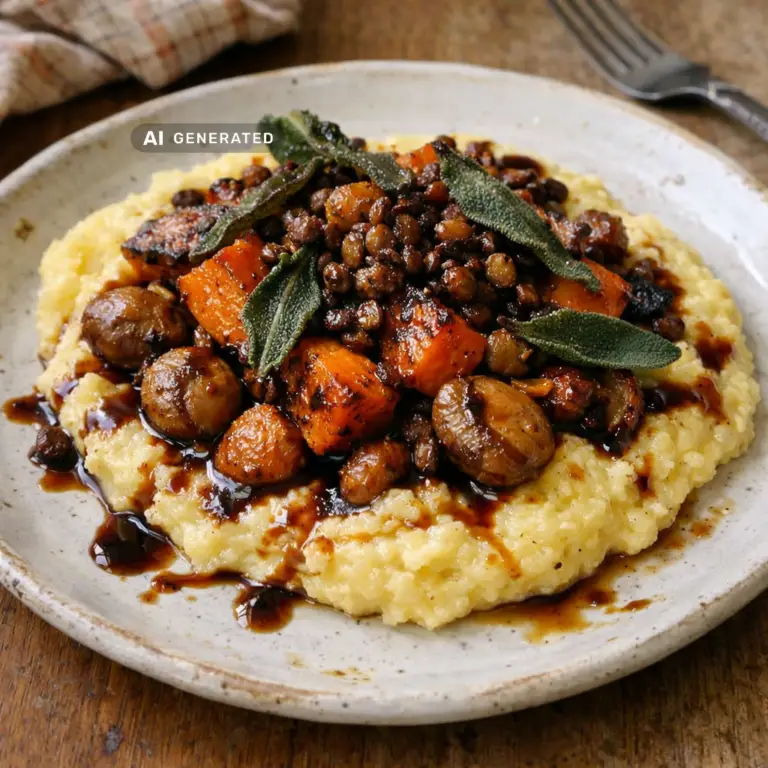 Vegane Maronen-Kürbis-Pfanne mit Salbei auf cremiger Polenta, bestreut mit knusprigen Linsen