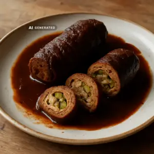Vegane Rouladen mit Senf-Gurken-Füllung in Rotweinsauce auf einem Teller, aufgeschnitten serviert