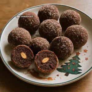 Vegane Rumkugeln mit Mandelkern, mit Schokolade und Kokosraspeln überzogen