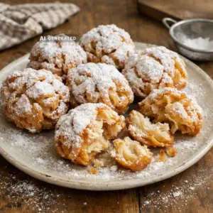 Vegane Schneebälle, fränkisches Schmalzgebäck aus knusprigen Teigstreifen, bestäubt mit Puderzucker
