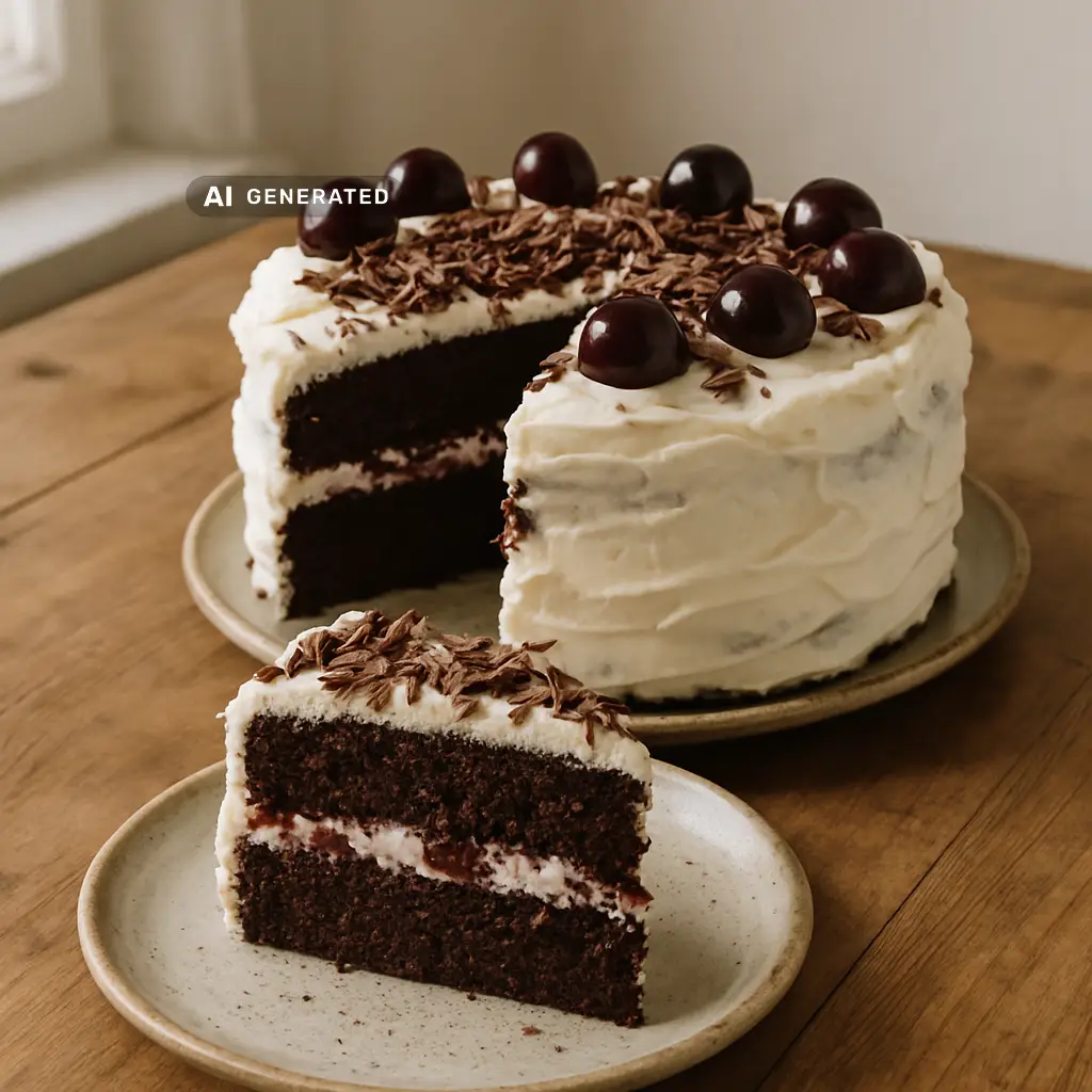 Vegane Schwarzwälder Kirschtorte mit Schokoladenboden, Sauerkirschen und pflanzlicher Sahne, angeschnitten