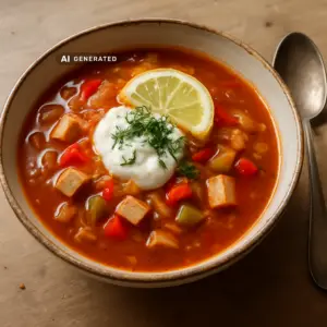 Vegane Soljanka mit Räuchertofu und Essiggurken in einer Schüssel, serviert mit Sauerrahm, Zitrone und Dill