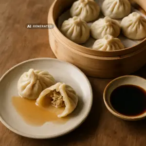 Vegane Soup Dumplings mit Shiitake-Brühe im Bambusdämpfer, ein Dumpling aufgeschnitten mit austretender Brühe