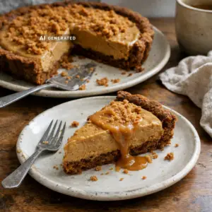 Vegane Spekulatius-Cookie-Butter-Tarte mit Gewürzkeks-Boden und cremiger Keksbutter-Füllung, angeschnitten auf einem Teller