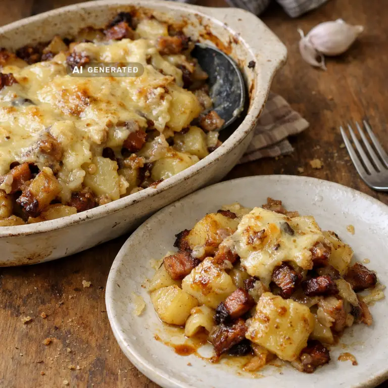 Vegane Tartiflette mit Räuchertofu, Kartoffeln und geschmolzenem veganem Käse in einer rustikalen Auflaufform