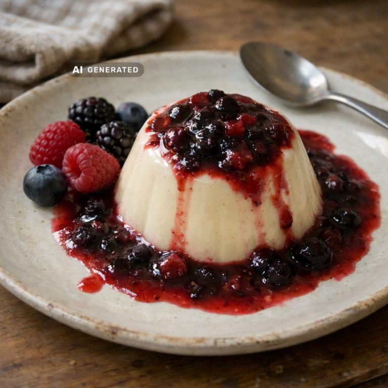 Vegane Vanille-Panna Cotta mit buntem Beeren-Coulis auf einem Teller angerichtet