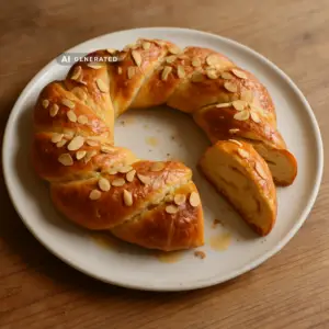 Vegane Weihnachtsbrioche mit Zimt und Orange als geflochtener Hefekranz mit Orangenglasur und Mandelblättchen