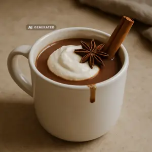 Tasse vegane Trinkschokolade mit pflanzlicher Sahne, Zimtstange und Sternanis auf einem Holztisch