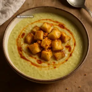 Vegane Wirsing-Cremesuppe mit geräuchertem Paprika-Öl und knusprigen Knoblauch-Croutons in einer rustikalen Schüssel