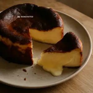 Veganer Basque Burnt Cheesecake mit dunkel karamellisierter Oberfläche, angeschnitten auf einem Teller