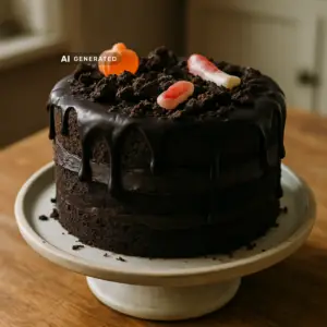 Veganer Chaos Cake mit Schokoladen-Drip und Halloween-Deko auf einer Tortenplatte