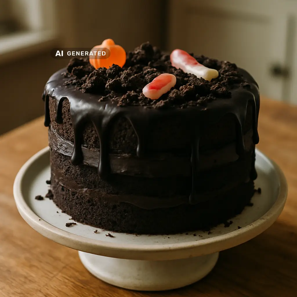 Veganer Chaos Cake mit Schokoladen-Drip und Halloween-Deko auf einer Tortenplatte