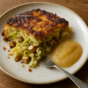 Veganer Döppekooche – rheinischer Kartoffelauflauf mit Räuchertofu, serviert mit Apfelmus