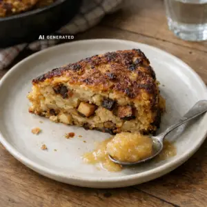 Veganer Döppekuchen mit Pilzen und Räuchertofu, angeschnitten auf einem Teller mit Apfelkompott