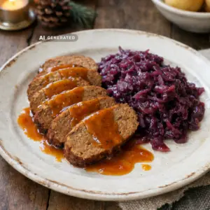 Veganer Entenbraten in Scheiben mit Orangensauce und Rotkohl auf einem festlichen Teller angerichtet