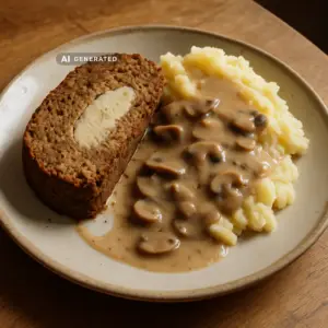 Veganer Falscher Hase mit Kartoffelpüree und Pilzrahmsauce, aufgeschnitten mit sichtbarem hellem Ei-Kern, serviert auf einem Teller