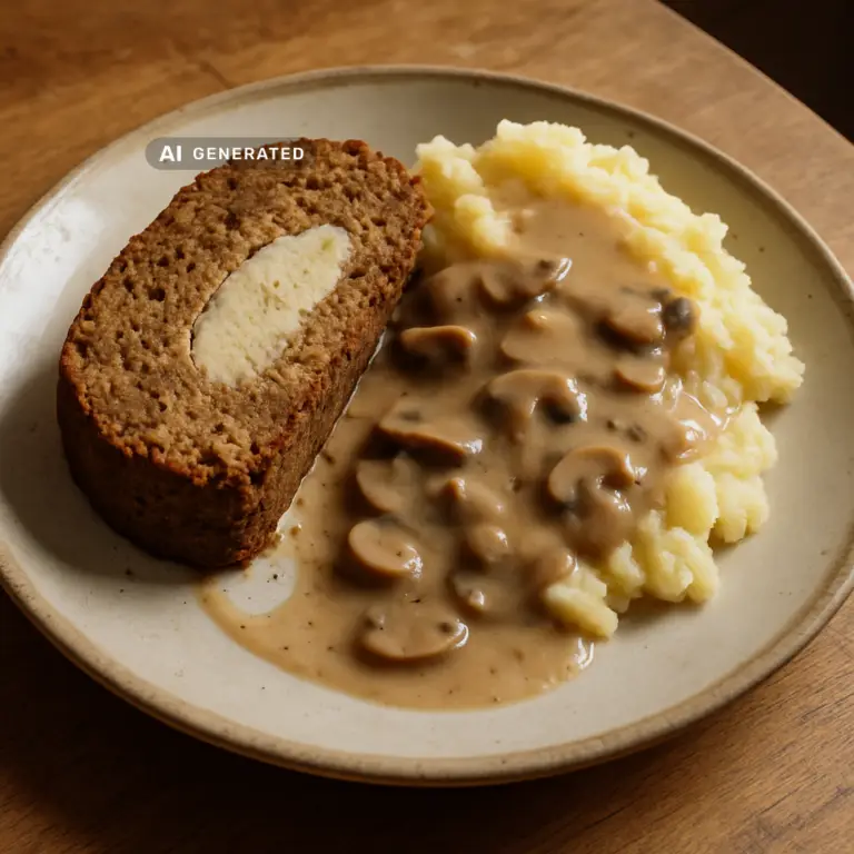 Veganer Falscher Hase mit Kartoffelpüree und Pilzrahmsauce, aufgeschnitten mit sichtbarem hellem Ei-Kern, serviert auf einem Teller