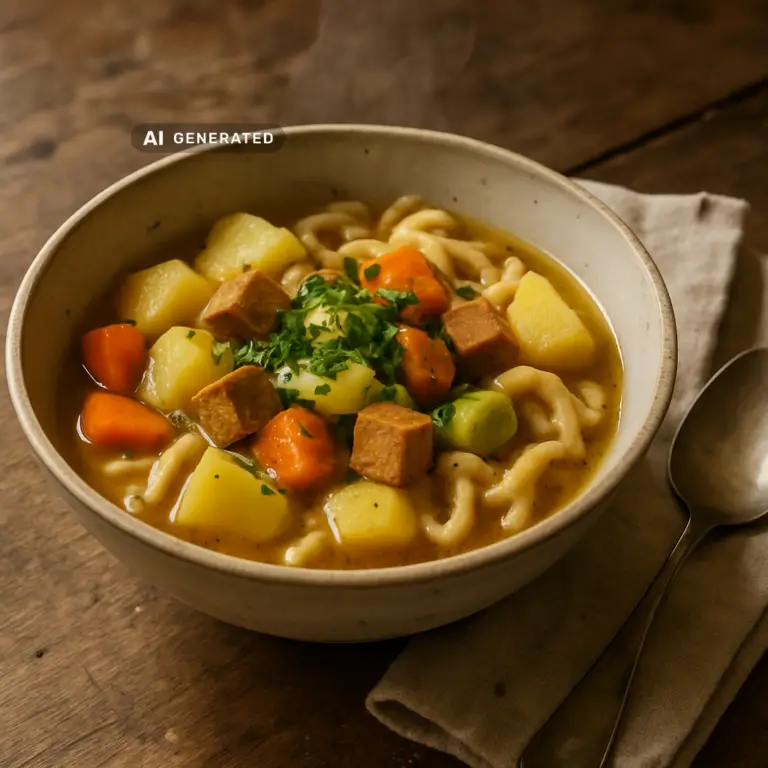 Veganer Gaisburger Marsch mit Kartoffeln, Spätzle, Karotten und Räuchertofu in einer Schüssel