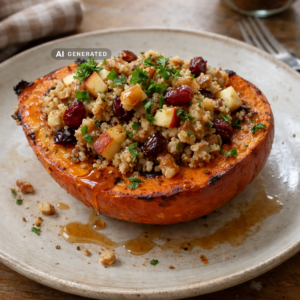 Veganer gefüllter Kürbis mit Quinoa und Cranberries, serviert auf einem rustikalen Teller mit Walnüssen und Ahornsirup