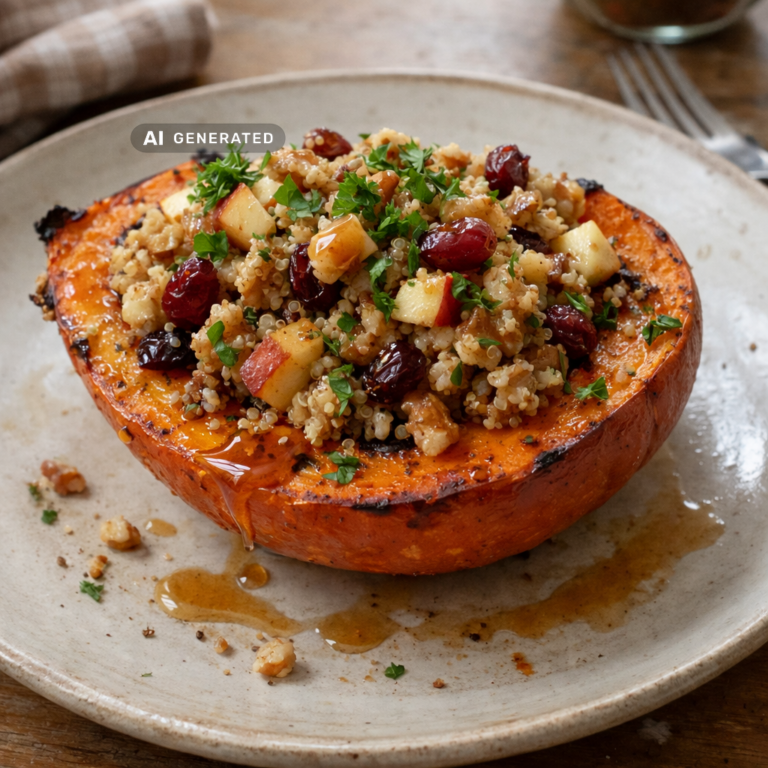 Veganer gefüllter Kürbis mit Quinoa und Cranberries, serviert auf einem rustikalen Teller mit Walnüssen und Ahornsirup