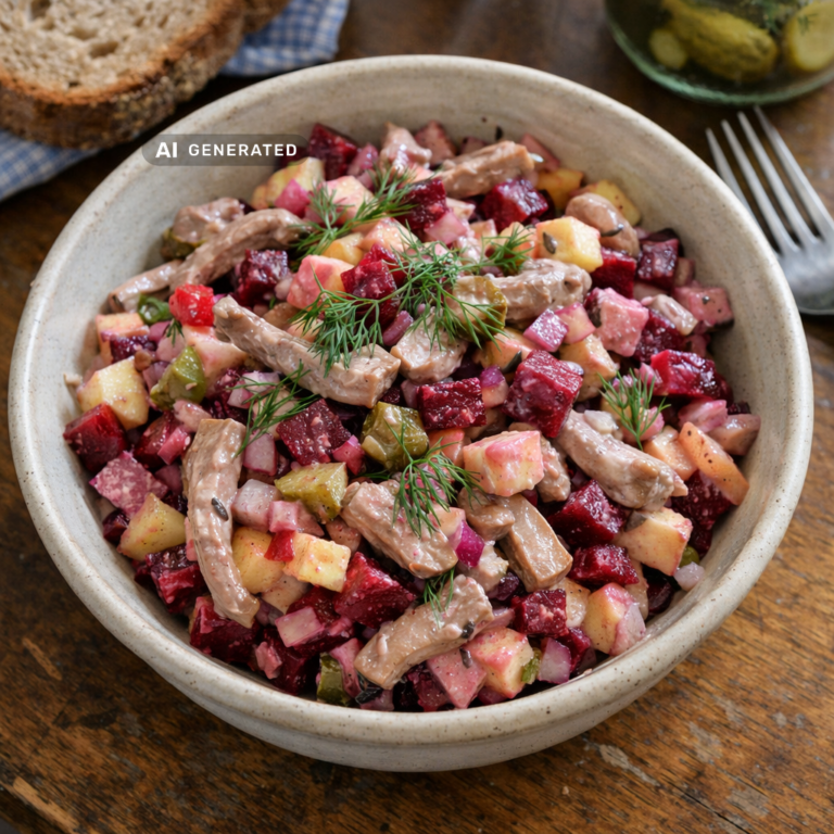 Veganer Heringssalat mit Roter Bete, Apfel und marinierten Pilzstreifen in einer Schüssel, garniert mit Dill
