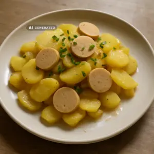 Veganer Kartoffelsalat mit Würstchen, garniert mit Schnittlauch auf einem Teller