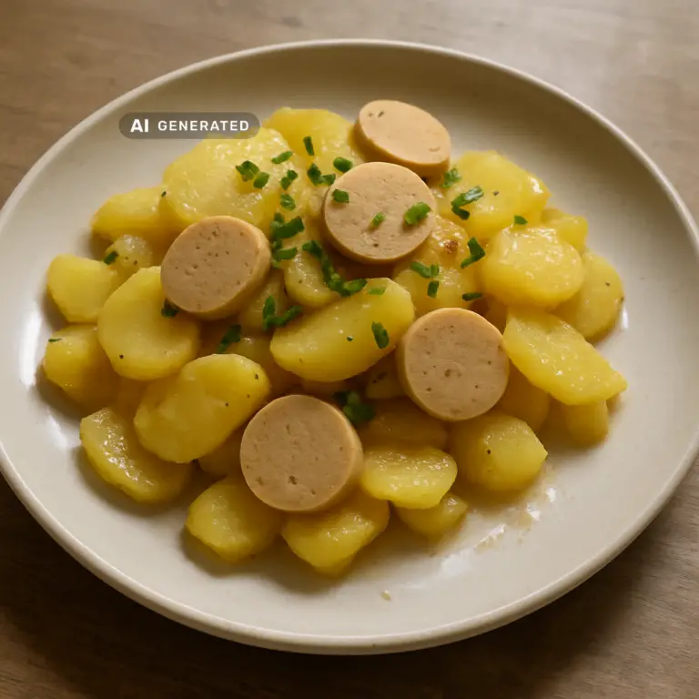 Veganer Kartoffelsalat mit Würstchen, garniert mit Schnittlauch auf einem Teller