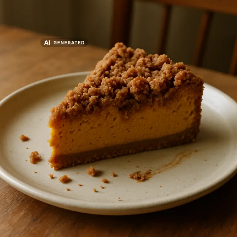 Veganer Kürbis-Käsekuchen mit Zimt-Streuseln, ein Stück auf einem Teller angerichtet