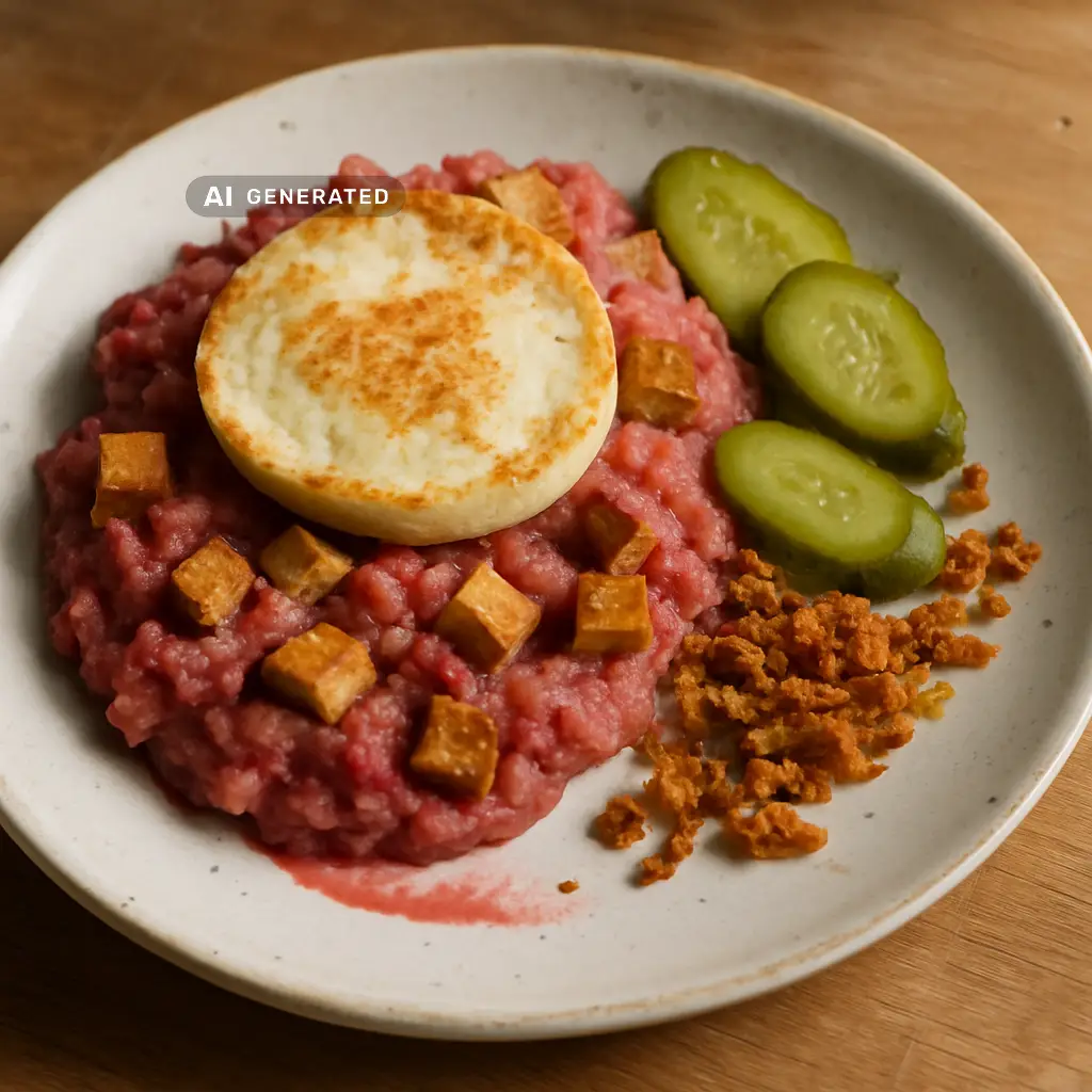 Veganer Labskaus nach Hamburger Art mit Rote Bete, Räuchertofu, Gewürzgurken und veganem Spiegelei auf einem Teller