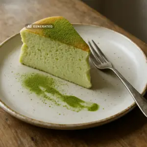Veganer Matcha-Käsekuchen im japanischen Soufflé-Stil, ein Stück angeschnitten mit Matcha-Pulver bestäubt