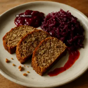 Veganer Nussbraten mit Preiselbeersauce und Rotkohl, aufgeschnitten auf einem Teller angerichtet