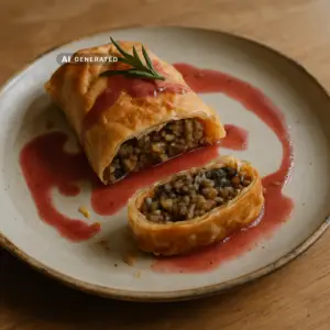 Veganer Pilz-Maronen-Strudel mit Rosmarin-Preiselbeerjus, aufgeschnitten auf einem Teller serviert