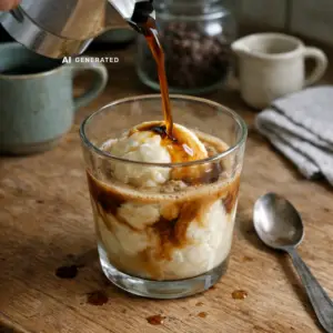 Veganer Protein-Affogato: heißer Espresso wird über ein Glas veganes Vanilleeis mit Proteinpulver gegossen