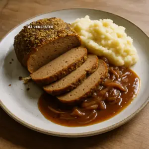 Veganer Senfbraten in Scheiben mit Röstzwiebel-Jus und cremigem Kartoffelstampf auf einem Teller