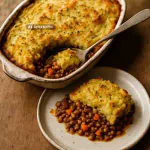 Veganer Shepherd's Pie mit goldbrauner Kräuter-Kartoffelkruste in einer Auflaufform