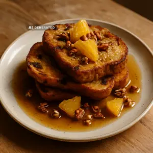 Veganer Stollen-French-Toast mit Zimt-Orangen-Sirup, Orangenfilets und Pekannüssen auf einem Teller