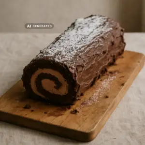 Veganer Weihnachts-Baumstamm mit Kastanien-Schoko-Creme, bestäubt mit Puderzucker auf einem Holzbrett