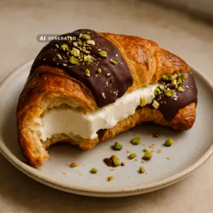 Veganes Eis-Croissant mit Vanilleeis, Zartbitterschokolade und gehackten Pistazien