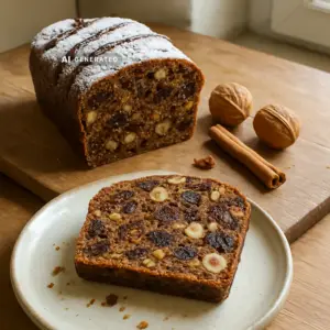 Veganes Früchtebrot mit Feigen, Datteln, Walnüssen und Haselnüssen, aufgeschnitten auf einem Holzbrett