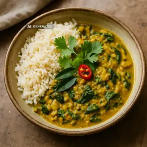 Veganes Kerala-Curry mit Kokosmilch, roten Linsen und Spinat, serviert mit Basmatireis und frischem Koriander