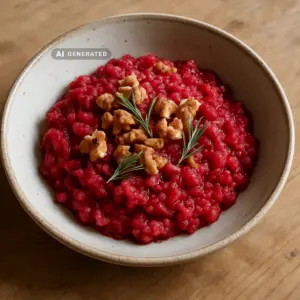 Veganes Rote-Bete-Risotto mit Walnüssen und Rosmarin in einer Keramikschüssel, cremig und tiefrot angerichtet