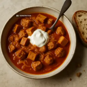 Veganes Szegediner Gulasch mit Sauerkraut, Räuchertofu und Sojaschnetzeln in einer Schüssel mit einem Klecks Sauerrahm und Brot