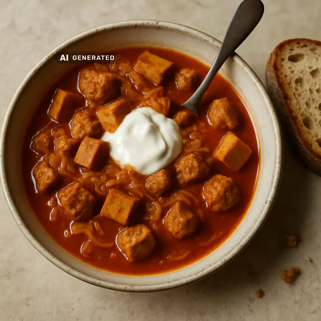 Veganes Szegediner Gulasch mit Sauerkraut, Räuchertofu und Sojaschnetzeln in einer Schüssel mit einem Klecks Sauerrahm und Brot